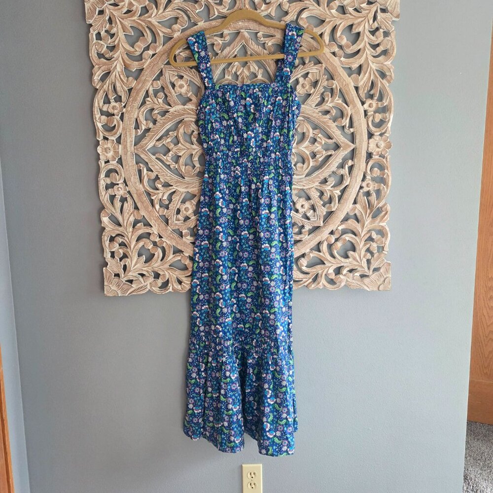 LOFT Blue Floral Shirred Flounce Maxi Dress 100% Cotton Sz XXS